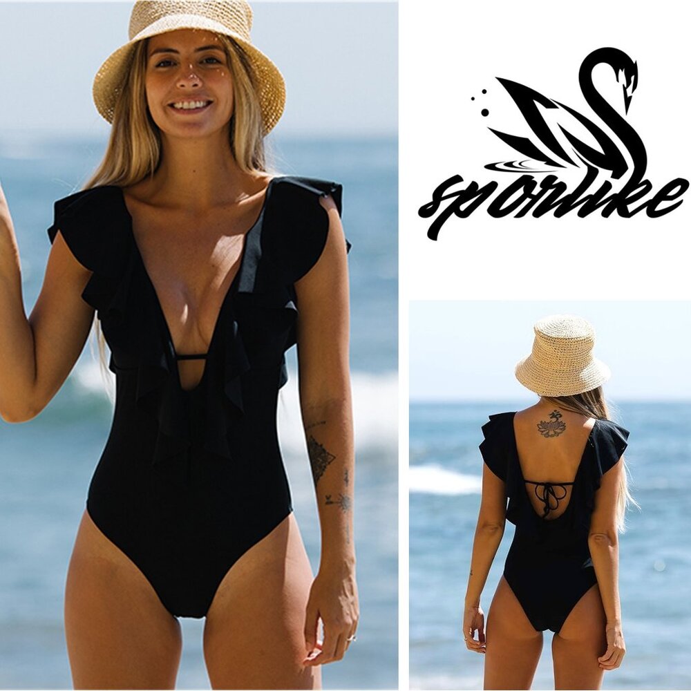 SPORLIKE One Piece V-Neck Ruffle Bathing Suit  NEW WITH TAG!